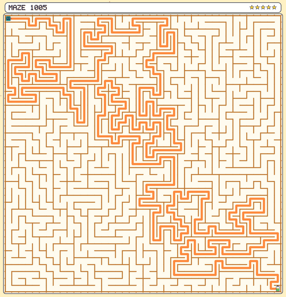 A giant 40 by 40 desert ruins maze with its solution drawn in orange
