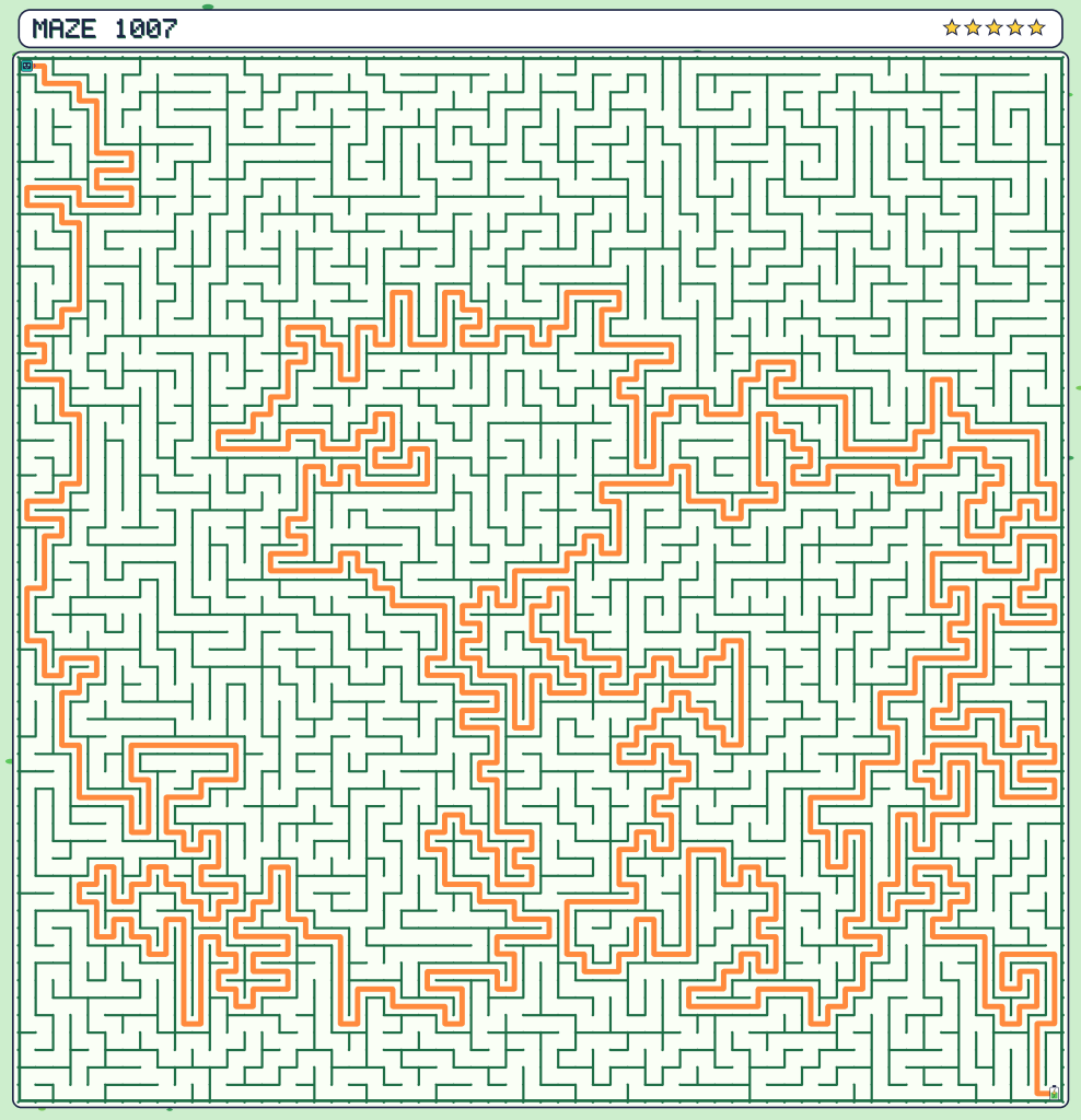 A giant 60 by 60 pixel jungle maze with its solution drawn in orange
