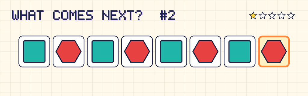 The finished pattern: teal square, red hexagon, teal square, red hexagon, teal square, red hexagon, teal square, red hexagon.