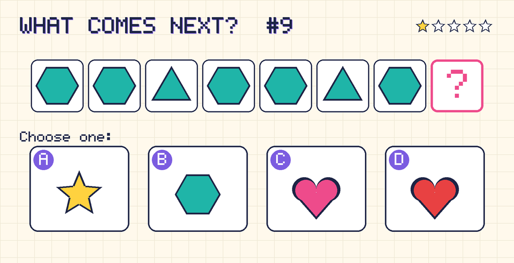 Pattern: teal hexagon, teal hexagon, teal triangle, teal hexagon, teal hexagon, teal triangle, teal hexagon, then a question mark. Choices: A: yellow star; B: teal hexagon; C: pink heart; D: red heart.