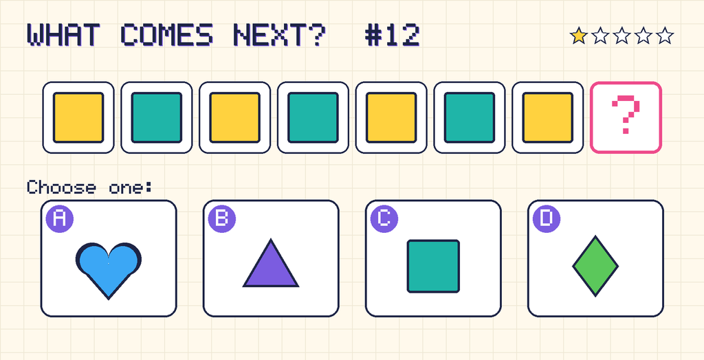 Pattern: yellow square, teal square, yellow square, teal square, yellow square, teal square, yellow square, then a question mark. Choices: A: blue heart; B: purple triangle; C: teal square; D: green diamond.
