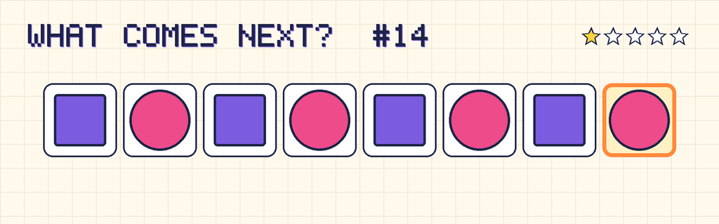 The finished pattern: purple square, pink circle, purple square, pink circle, purple square, pink circle, purple square, pink circle.