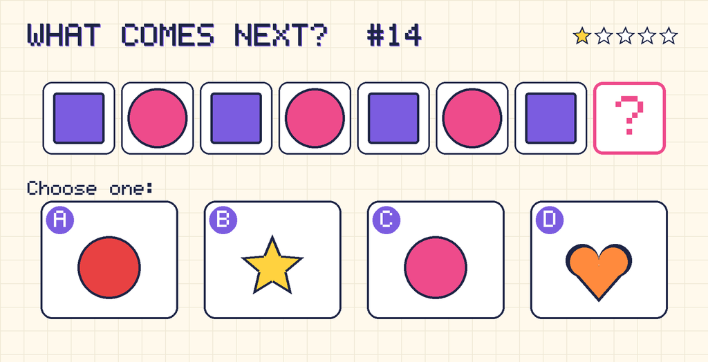 Pattern: purple square, pink circle, purple square, pink circle, purple square, pink circle, purple square, then a question mark. Choices: A: red circle; B: yellow star; C: pink circle; D: orange heart.