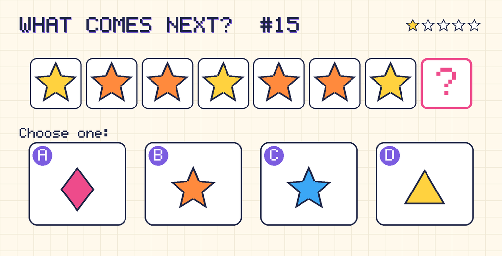 Pattern: yellow star, orange star, orange star, yellow star, orange star, orange star, yellow star, then a question mark. Choices: A: pink diamond; B: orange star; C: blue star; D: yellow triangle.