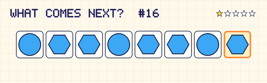 The finished pattern: blue circle, blue hexagon, blue hexagon, blue circle, blue hexagon, blue hexagon, blue circle, blue hexagon.