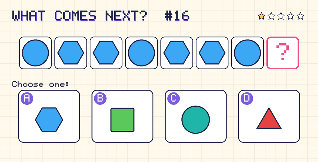 Pattern: blue circle, blue hexagon, blue hexagon, blue circle, blue hexagon, blue hexagon, blue circle, then a question mark. Choices: A: blue hexagon; B: green square; C: teal circle; D: red triangle.