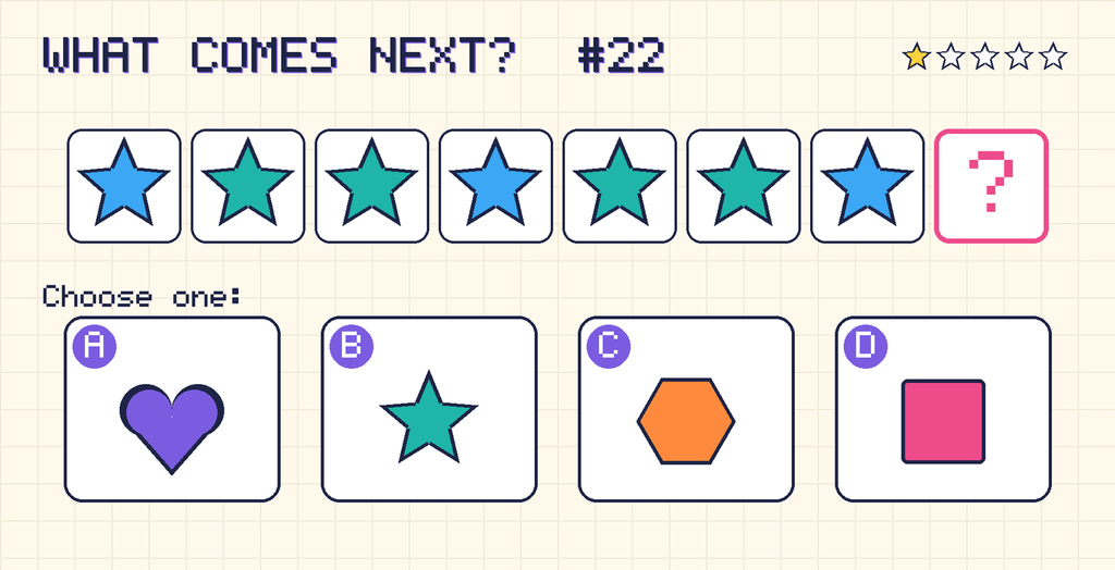 Pattern: blue star, teal star, teal star, blue star, teal star, teal star, blue star, then a question mark. Choices: A: purple heart; B: teal star; C: orange hexagon; D: pink square.