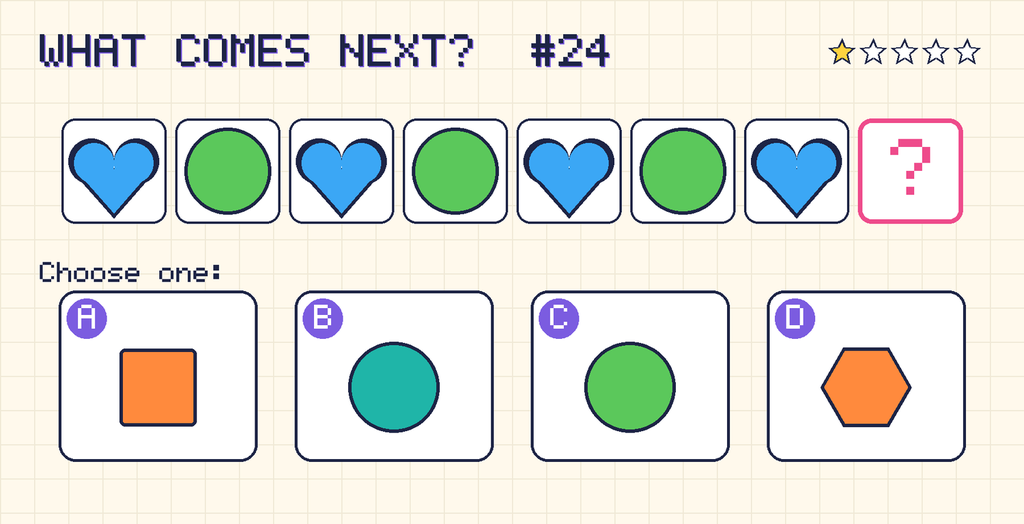 Pattern: blue heart, green circle, blue heart, green circle, blue heart, green circle, blue heart, then a question mark. Choices: A: orange square; B: teal circle; C: green circle; D: orange hexagon.