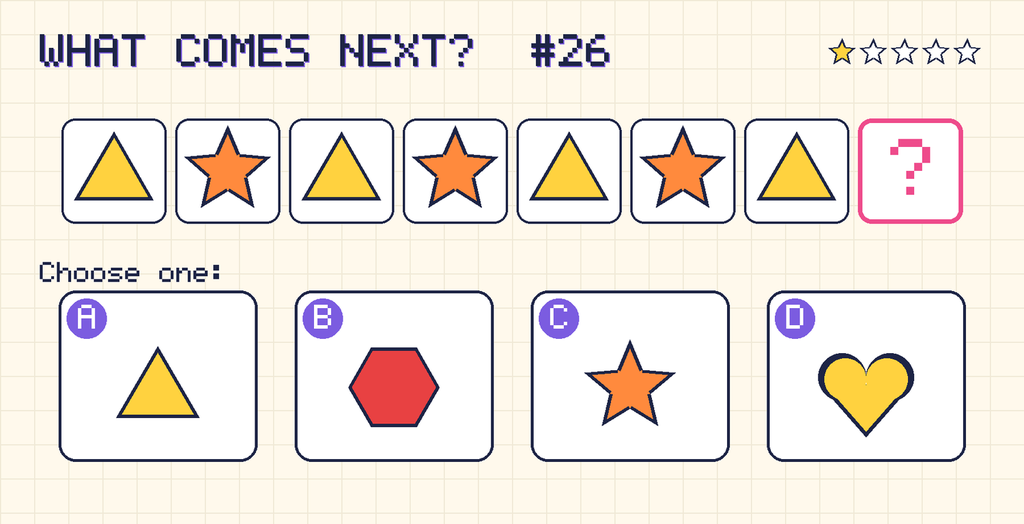 Pattern: yellow triangle, orange star, yellow triangle, orange star, yellow triangle, orange star, yellow triangle, then a question mark. Choices: A: yellow triangle; B: red hexagon; C: orange star; D: yellow heart.