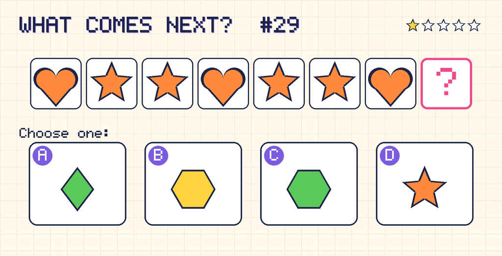 Pattern: orange heart, orange star, orange star, orange heart, orange star, orange star, orange heart, then a question mark. Choices: A: green diamond; B: yellow hexagon; C: green hexagon; D: orange star.