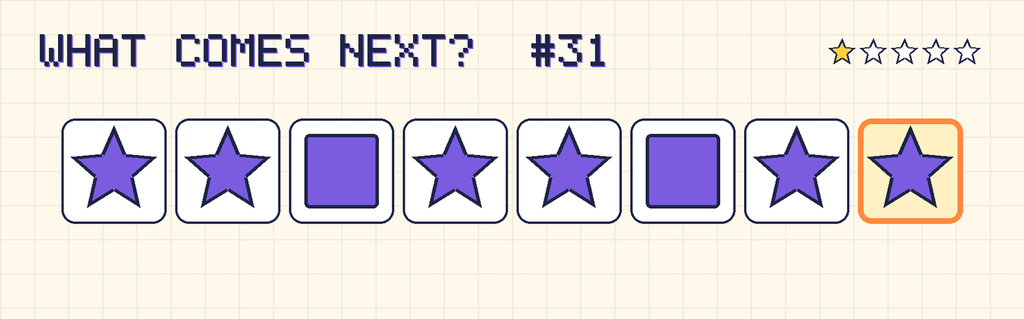 The finished pattern: purple star, purple star, purple square, purple star, purple star, purple square, purple star, purple star.