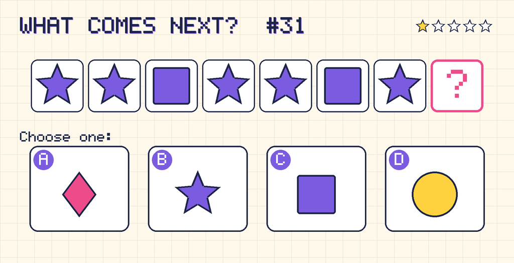 Pattern: purple star, purple star, purple square, purple star, purple star, purple square, purple star, then a question mark. Choices: A: pink diamond; B: purple star; C: purple square; D: yellow circle.