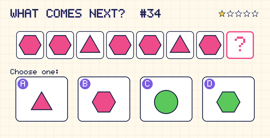 Pattern: pink hexagon, pink hexagon, pink triangle, pink hexagon, pink hexagon, pink triangle, pink hexagon, then a question mark. Choices: A: pink triangle; B: pink hexagon; C: green circle; D: green hexagon.