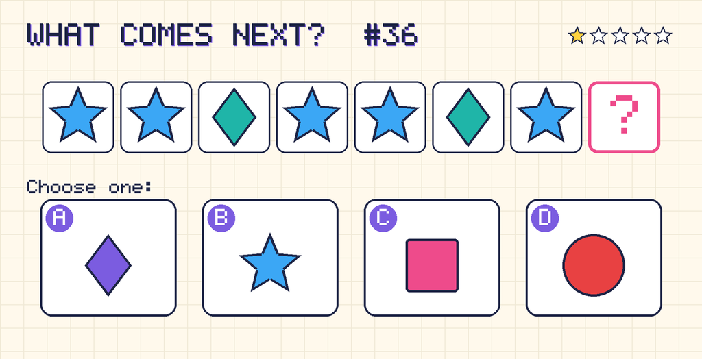 Pattern: blue star, blue star, teal diamond, blue star, blue star, teal diamond, blue star, then a question mark. Choices: A: purple diamond; B: blue star; C: pink square; D: red circle.