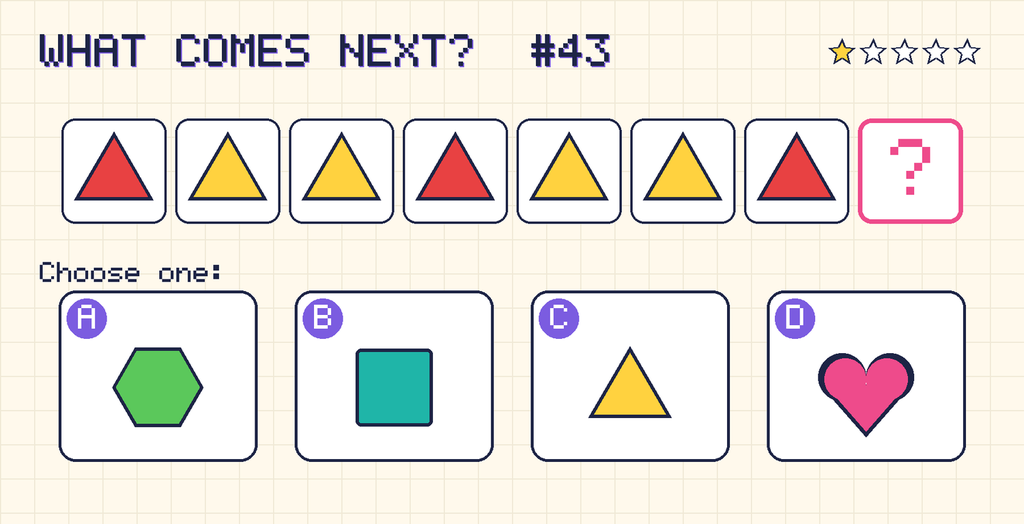 Pattern: red triangle, yellow triangle, yellow triangle, red triangle, yellow triangle, yellow triangle, red triangle, then a question mark. Choices: A: green hexagon; B: teal square; C: yellow triangle; D: pink heart.