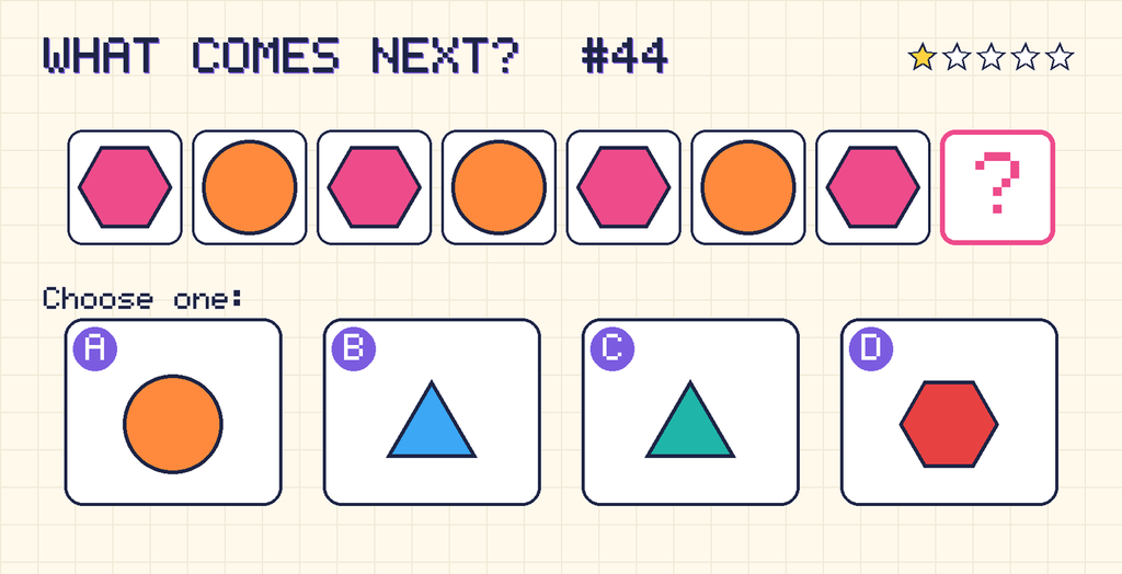 Pattern: pink hexagon, orange circle, pink hexagon, orange circle, pink hexagon, orange circle, pink hexagon, then a question mark. Choices: A: orange circle; B: blue triangle; C: teal triangle; D: red hexagon.
