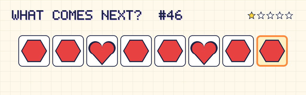 The finished pattern: red hexagon, red hexagon, red heart, red hexagon, red hexagon, red heart, red hexagon, red hexagon.