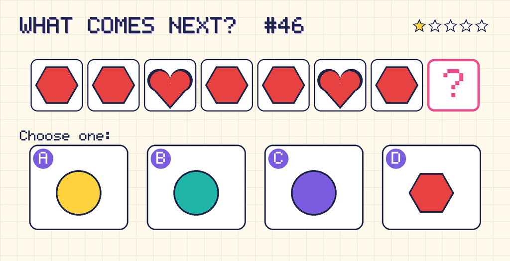 Pattern: red hexagon, red hexagon, red heart, red hexagon, red hexagon, red heart, red hexagon, then a question mark. Choices: A: yellow circle; B: teal circle; C: purple circle; D: red hexagon.