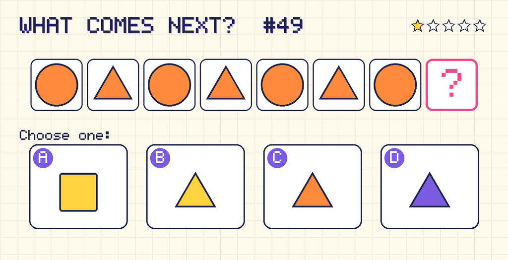 Pattern: orange circle, orange triangle, orange circle, orange triangle, orange circle, orange triangle, orange circle, then a question mark. Choices: A: yellow square; B: yellow triangle; C: orange triangle; D: purple triangle.