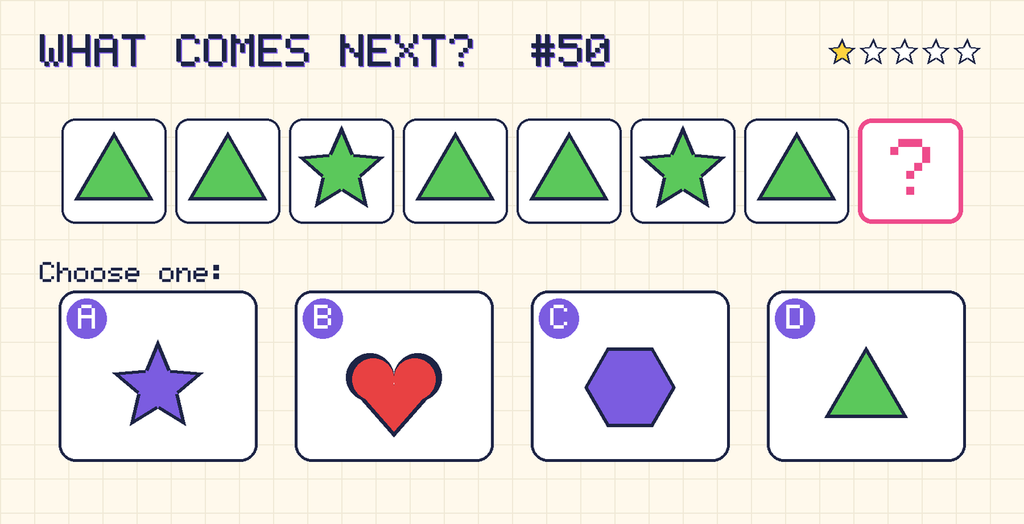 Pattern: green triangle, green triangle, green star, green triangle, green triangle, green star, green triangle, then a question mark. Choices: A: purple star; B: red heart; C: purple hexagon; D: green triangle.