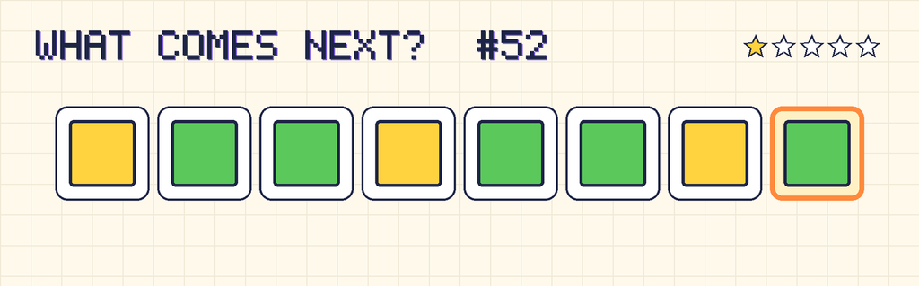 The finished pattern: yellow square, green square, green square, yellow square, green square, green square, yellow square, green square.