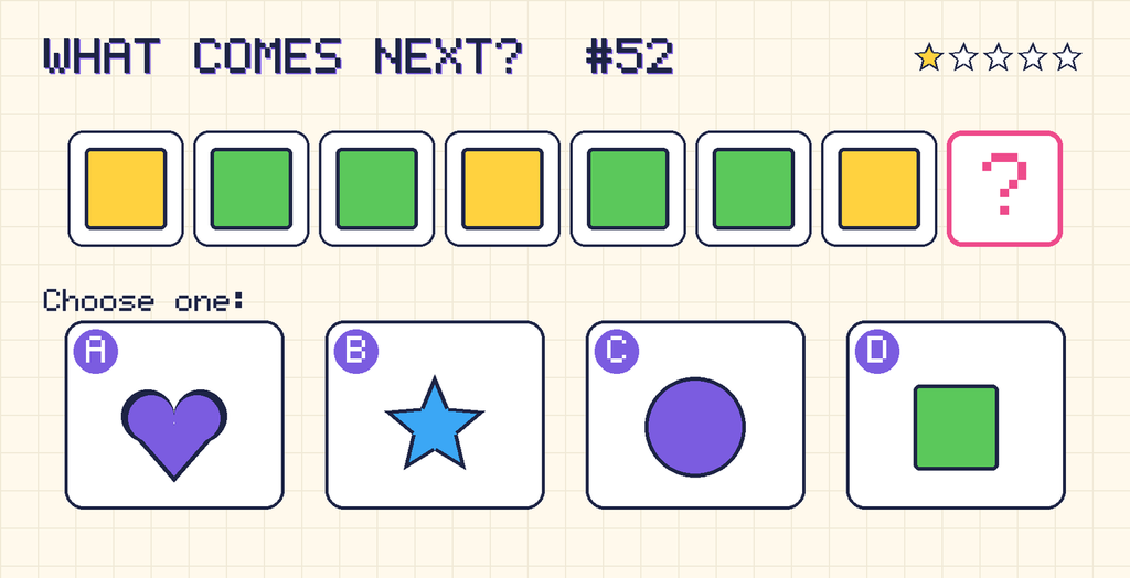 Pattern: yellow square, green square, green square, yellow square, green square, green square, yellow square, then a question mark. Choices: A: purple heart; B: blue star; C: purple circle; D: green square.