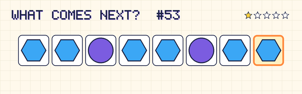 The finished pattern: blue hexagon, blue hexagon, purple circle, blue hexagon, blue hexagon, purple circle, blue hexagon, blue hexagon.