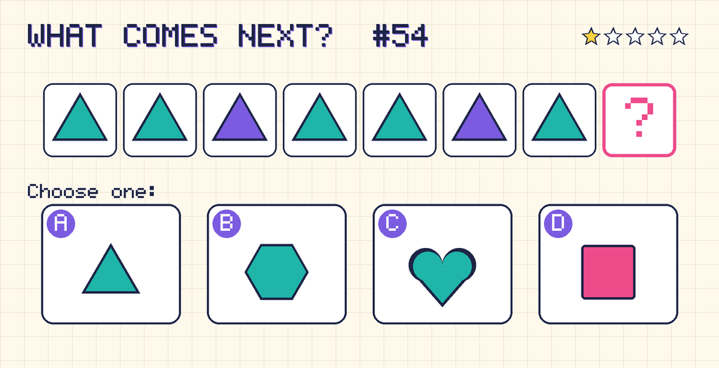 Pattern: teal triangle, teal triangle, purple triangle, teal triangle, teal triangle, purple triangle, teal triangle, then a question mark. Choices: A: teal triangle; B: teal hexagon; C: teal heart; D: pink square.