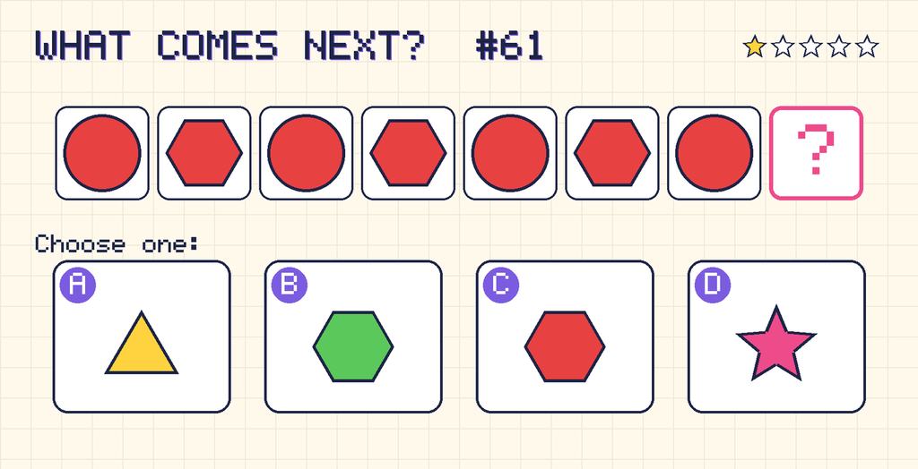 Pattern: red circle, red hexagon, red circle, red hexagon, red circle, red hexagon, red circle, then a question mark. Choices: A: yellow triangle; B: green hexagon; C: red hexagon; D: pink star.