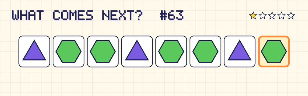 The finished pattern: purple triangle, green hexagon, green hexagon, purple triangle, green hexagon, green hexagon, purple triangle, green hexagon.
