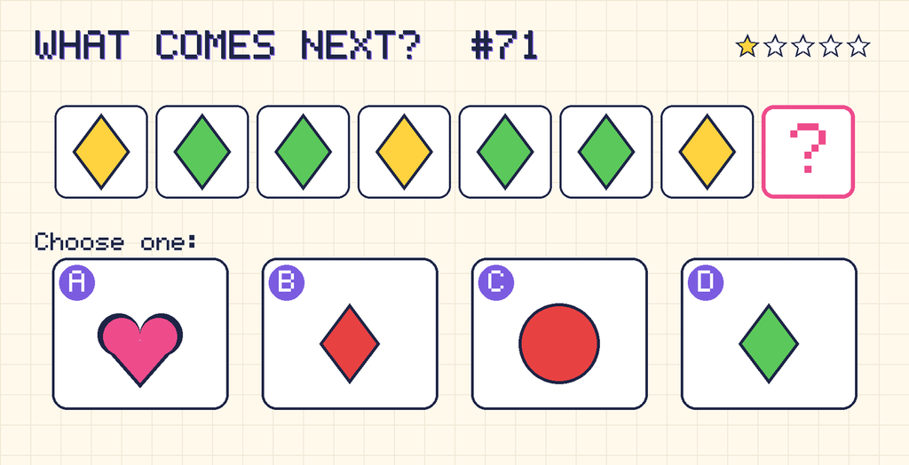 Pattern: yellow diamond, green diamond, green diamond, yellow diamond, green diamond, green diamond, yellow diamond, then a question mark. Choices: A: pink heart; B: red diamond; C: red circle; D: green diamond.
