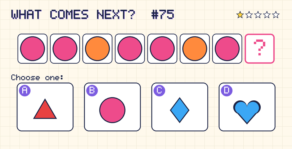Pattern: pink circle, pink circle, orange circle, pink circle, pink circle, orange circle, pink circle, then a question mark. Choices: A: red triangle; B: pink circle; C: blue diamond; D: blue heart.
