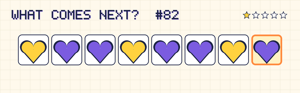 The finished pattern: yellow heart, purple heart, purple heart, yellow heart, purple heart, purple heart, yellow heart, purple heart.
