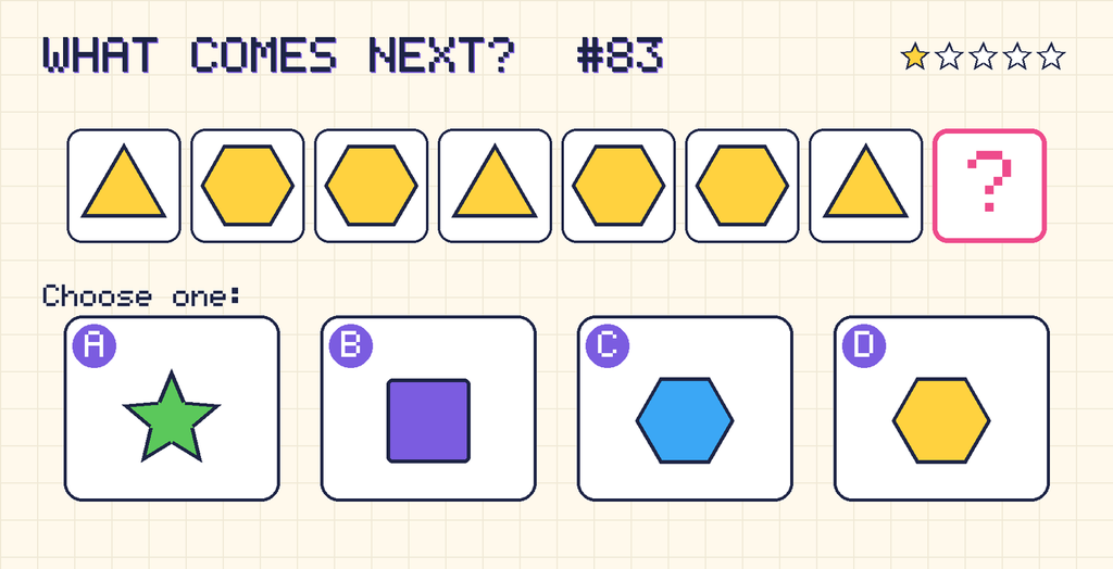 Pattern: yellow triangle, yellow hexagon, yellow hexagon, yellow triangle, yellow hexagon, yellow hexagon, yellow triangle, then a question mark. Choices: A: green star; B: purple square; C: blue hexagon; D: yellow hexagon.