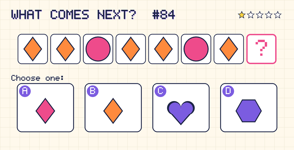 Pattern: orange diamond, orange diamond, pink circle, orange diamond, orange diamond, pink circle, orange diamond, then a question mark. Choices: A: pink diamond; B: orange diamond; C: purple heart; D: purple hexagon.
