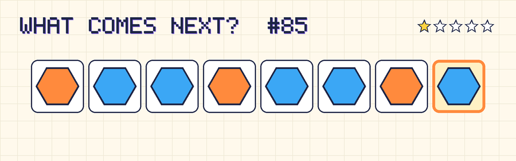 The finished pattern: orange hexagon, blue hexagon, blue hexagon, orange hexagon, blue hexagon, blue hexagon, orange hexagon, blue hexagon.