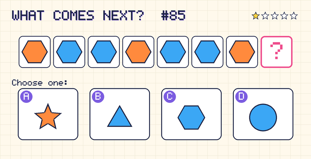 Pattern: orange hexagon, blue hexagon, blue hexagon, orange hexagon, blue hexagon, blue hexagon, orange hexagon, then a question mark. Choices: A: orange star; B: blue triangle; C: blue hexagon; D: blue circle.