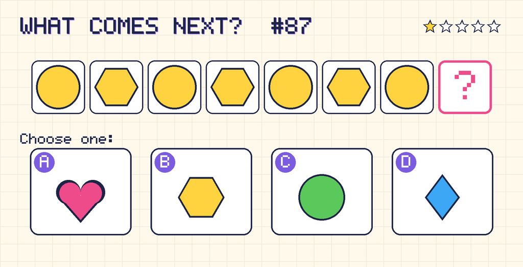 Pattern: yellow circle, yellow hexagon, yellow circle, yellow hexagon, yellow circle, yellow hexagon, yellow circle, then a question mark. Choices: A: pink heart; B: yellow hexagon; C: green circle; D: blue diamond.