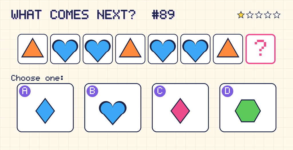Pattern: orange triangle, blue heart, blue heart, orange triangle, blue heart, blue heart, orange triangle, then a question mark. Choices: A: blue diamond; B: blue heart; C: pink diamond; D: green hexagon.