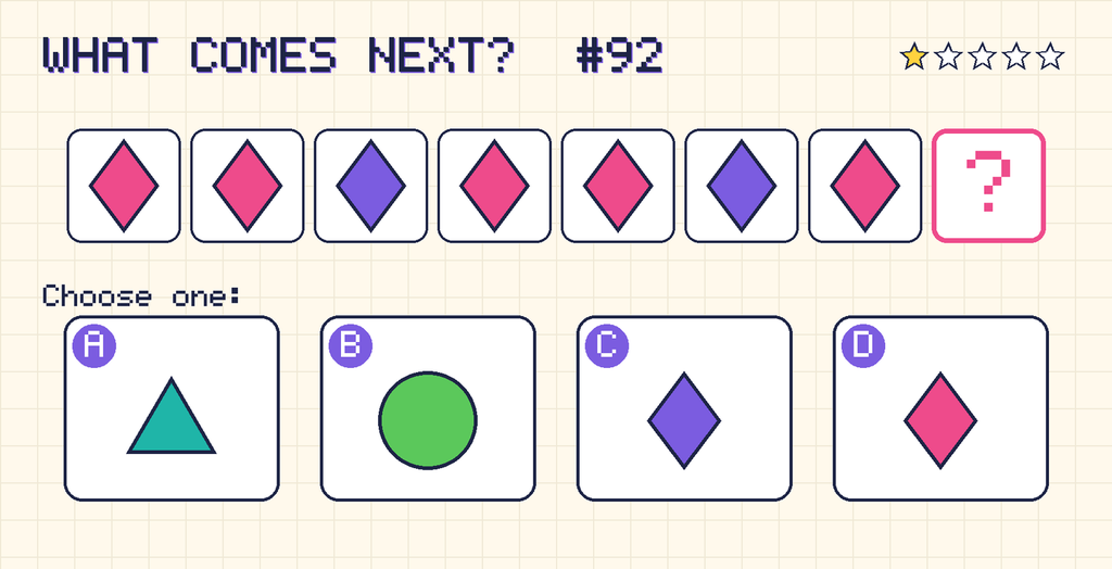 Pattern: pink diamond, pink diamond, purple diamond, pink diamond, pink diamond, purple diamond, pink diamond, then a question mark. Choices: A: teal triangle; B: green circle; C: purple diamond; D: pink diamond.