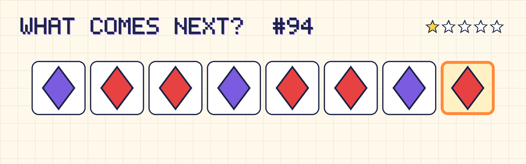The finished pattern: purple diamond, red diamond, red diamond, purple diamond, red diamond, red diamond, purple diamond, red diamond.