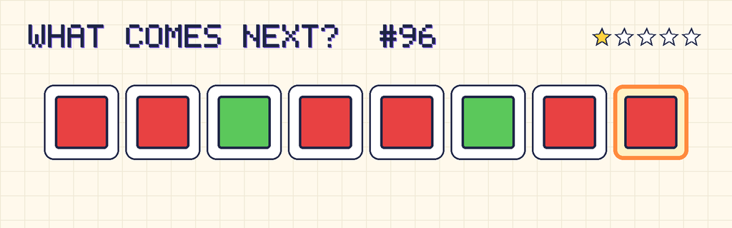 The finished pattern: red square, red square, green square, red square, red square, green square, red square, red square.