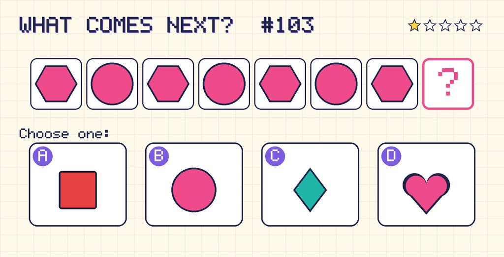 Pattern: pink hexagon, pink circle, pink hexagon, pink circle, pink hexagon, pink circle, pink hexagon, then a question mark. Choices: A: red square; B: pink circle; C: teal diamond; D: pink heart.
