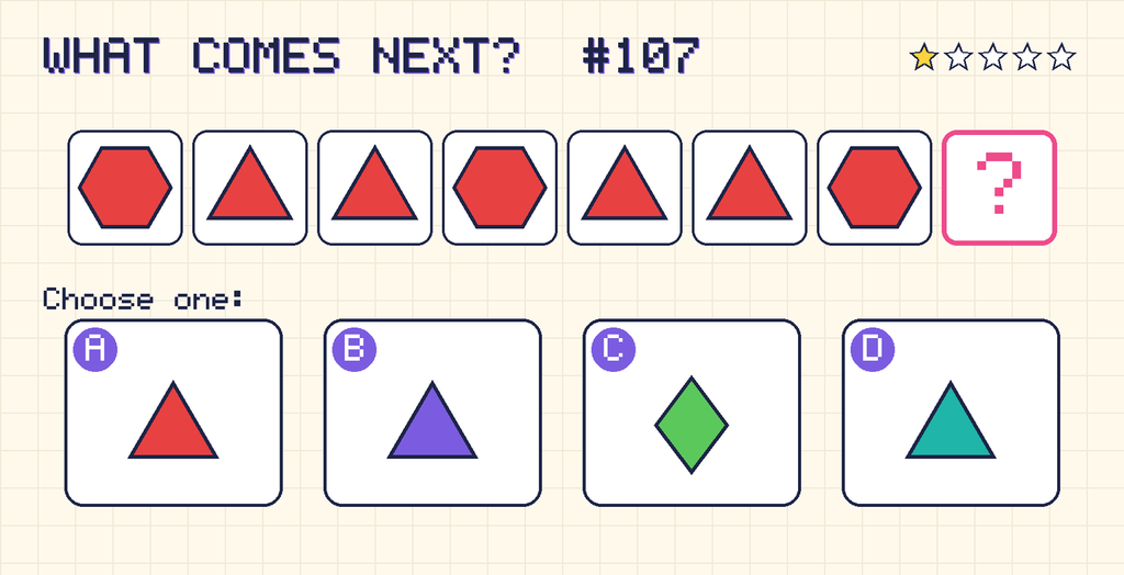 Pattern: red hexagon, red triangle, red triangle, red hexagon, red triangle, red triangle, red hexagon, then a question mark. Choices: A: red triangle; B: purple triangle; C: green diamond; D: teal triangle.