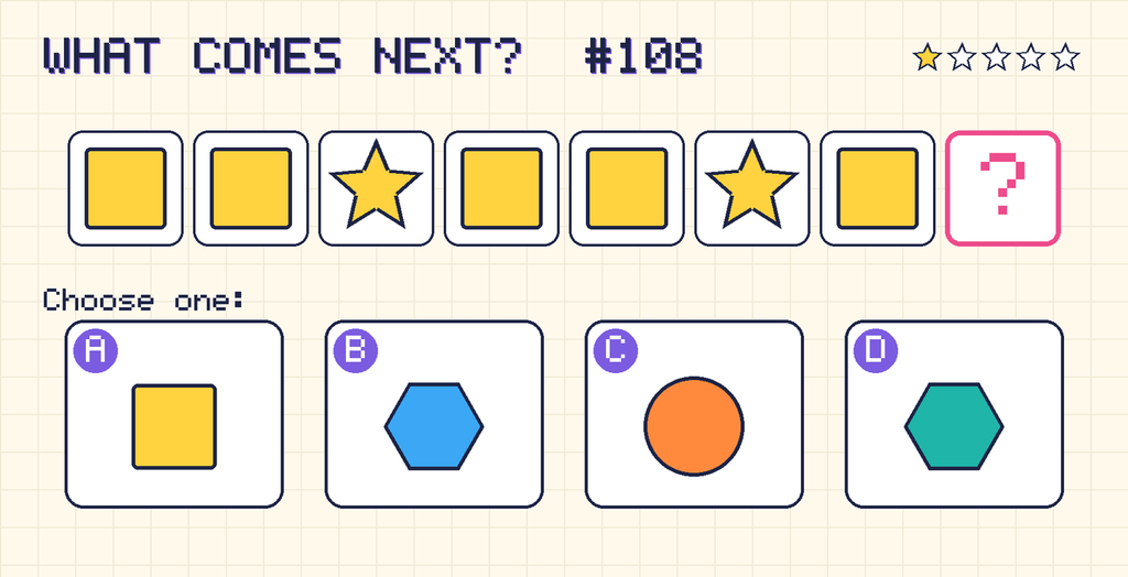 Pattern: yellow square, yellow square, yellow star, yellow square, yellow square, yellow star, yellow square, then a question mark. Choices: A: yellow square; B: blue hexagon; C: orange circle; D: teal hexagon.