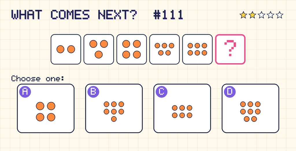 Pattern: 2 dots, 3 dots, 4 dots, 5 dots, 6 dots, then a question mark. Choices: A: 4 dots; B: 7 dots; C: 6 dots; D: 8 dots.