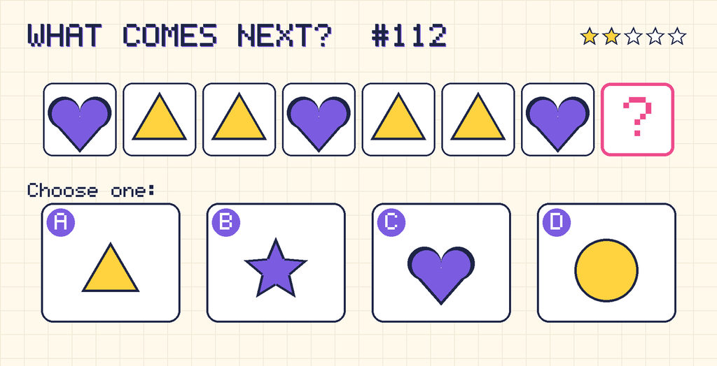 Pattern: purple heart, yellow triangle, yellow triangle, purple heart, yellow triangle, yellow triangle, purple heart, then a question mark. Choices: A: yellow triangle; B: purple star; C: purple heart; D: yellow circle.