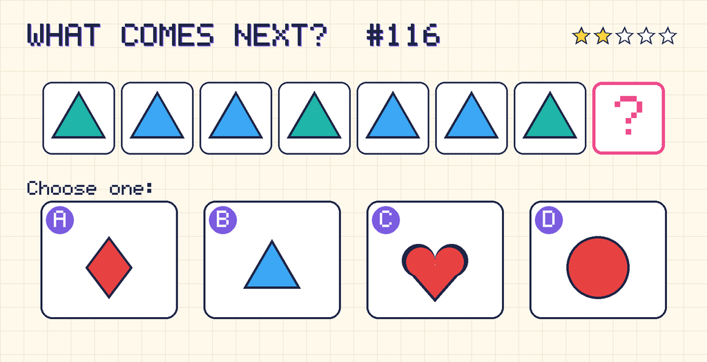 Pattern: teal triangle, blue triangle, blue triangle, teal triangle, blue triangle, blue triangle, teal triangle, then a question mark. Choices: A: red diamond; B: blue triangle; C: red heart; D: red circle.