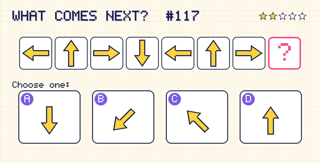 Pattern: an arrow pointing left, an arrow pointing up, an arrow pointing right, an arrow pointing down, an arrow pointing left, an arrow pointing up, an arrow pointing right, then a question mark. Choices: A: an arrow pointing down; B: an arrow pointing down and left; C: an arrow pointing up and left; D: an arrow pointing up.