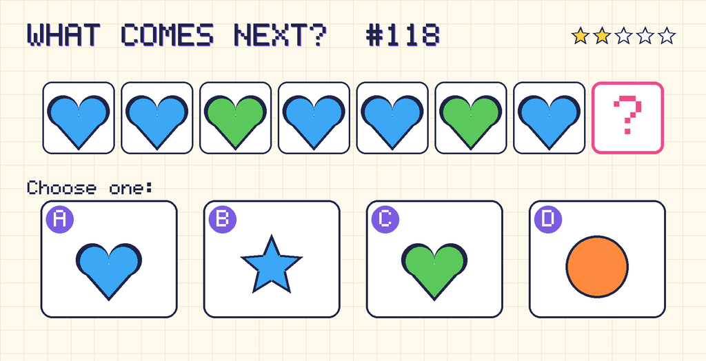 Pattern: blue heart, blue heart, green heart, blue heart, blue heart, green heart, blue heart, then a question mark. Choices: A: blue heart; B: blue star; C: green heart; D: orange circle.
